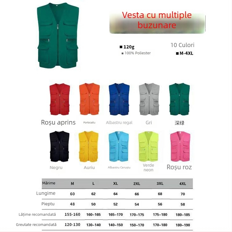 Vestă de lucru personalizată pentru voluntari, cu logo tipărit, cu glugă și fermoar, model monocrom, material principal: 100% poliester, croială dreaptă, pentru toate anotimpurile