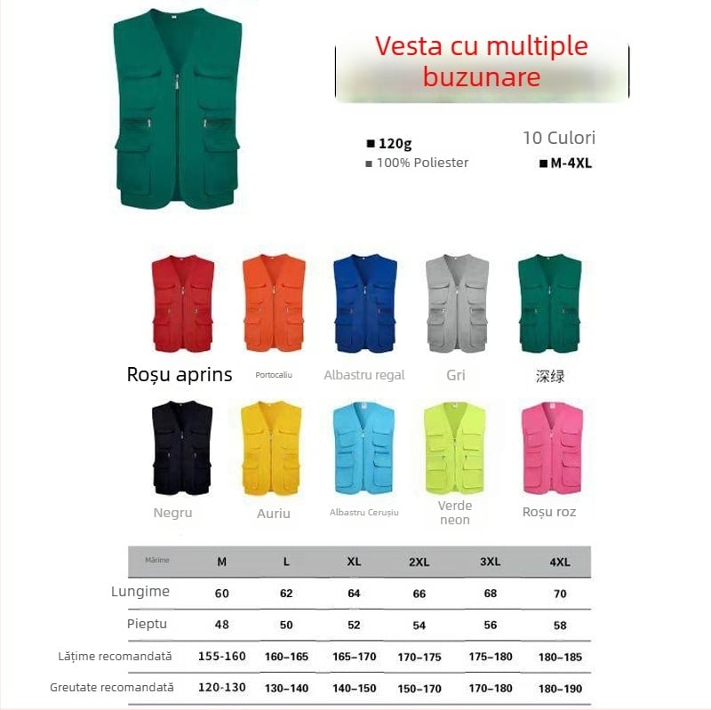 Vestă de lucru personalizată pentru voluntari, cu logo tipărit, cu glugă și fermoar, model monocrom, material principal: 100% poliester, croială dreaptă, pentru toate anotimpurile