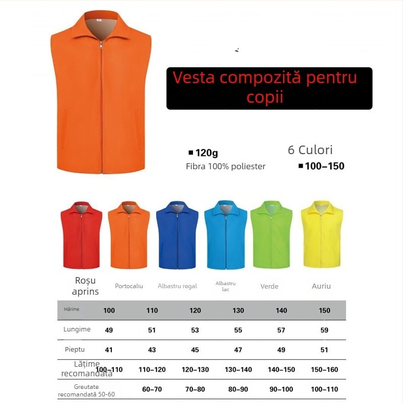 Vestă de lucru personalizată pentru voluntari, cu logo tipărit, cu glugă și fermoar, model monocrom, material principal: 100% poliester, croială dreaptă, pentru toate anotimpurile