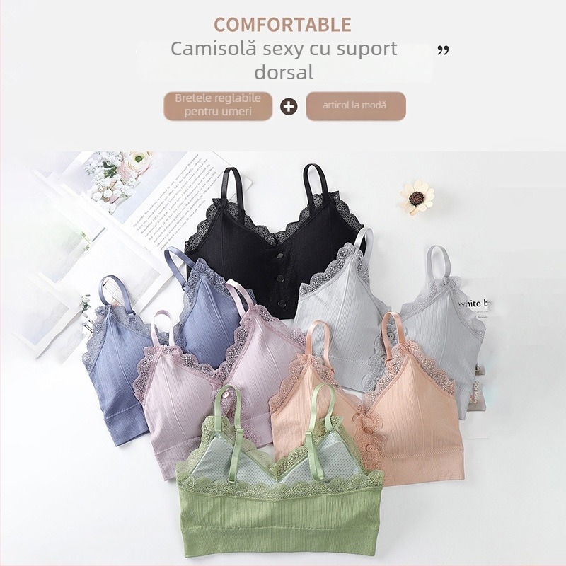 Bustier fără bretele, spate dantelat, cupe subțiri, pernă detașabilă, din nailon respirabil