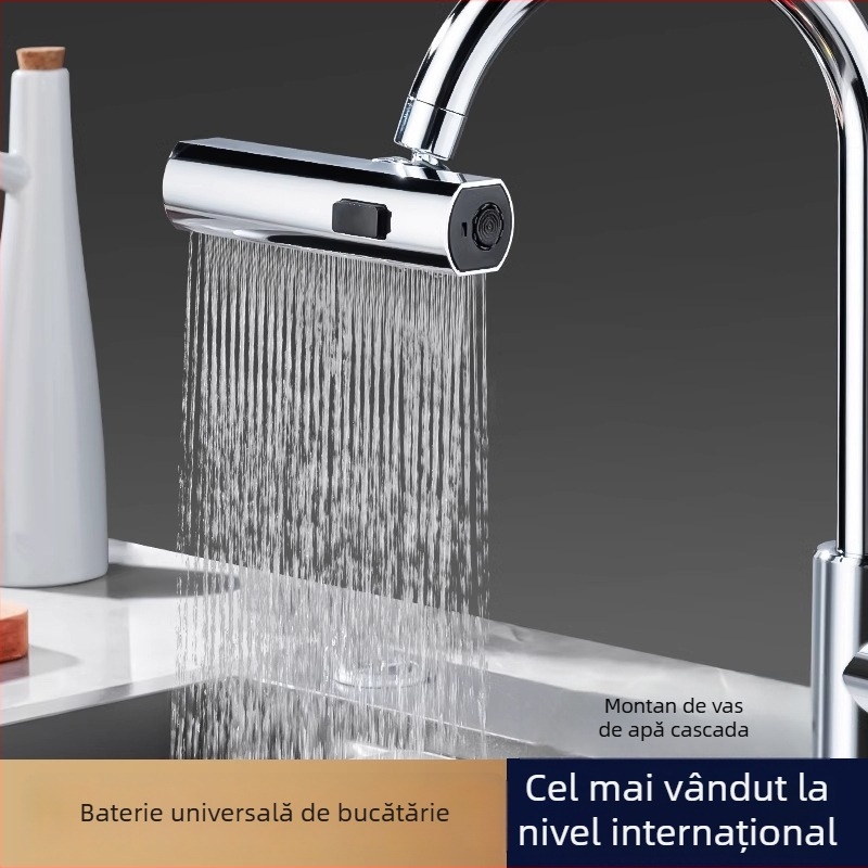 Baterie bucătărie tip cascadă cu extensie rotativă universală — Model Flying Feather; Material: aliaj + corp ABS; Finisare: electroplating; Montaj: cu filet; Temperatura de lucru: 100