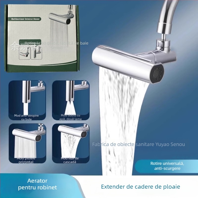 Baterie bucătărie tip cascadă cu extensie rotativă universală — Model Flying Feather; Material: aliaj + corp ABS; Finisare: electroplating; Montaj: cu filet; Temperatura de lucru: 100