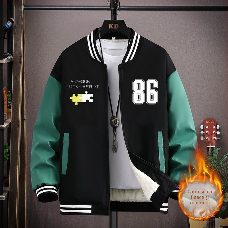 Geacă baseball corduroy cu glugă pentru adolescenți - căptușeală din blană de iepure, primăvară 2025, stil coreean