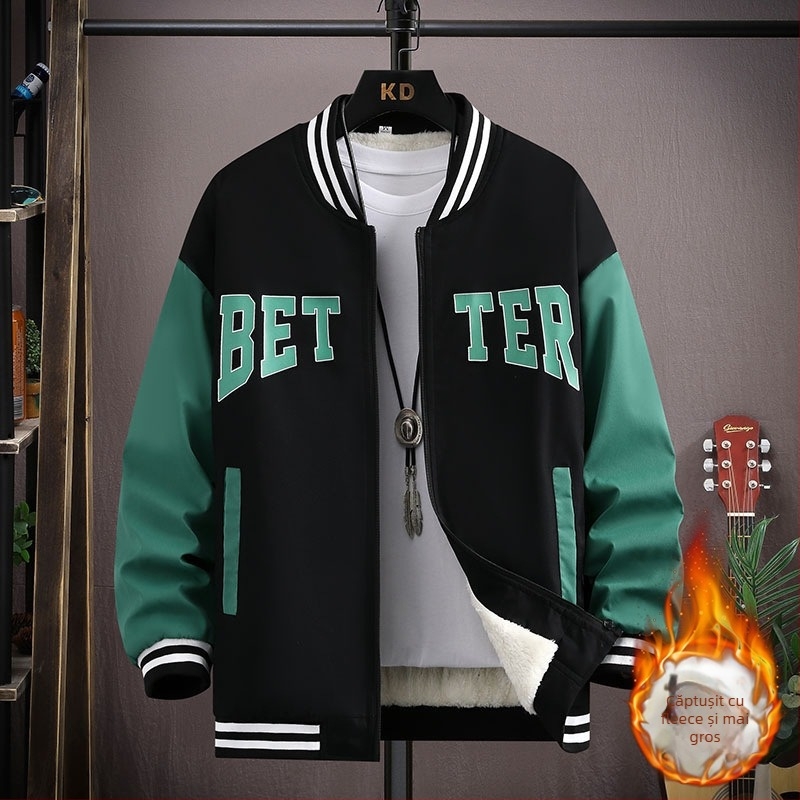 Geacă baseball corduroy cu glugă pentru adolescenți - căptușeală din blană de iepure, primăvară 2025, stil coreean