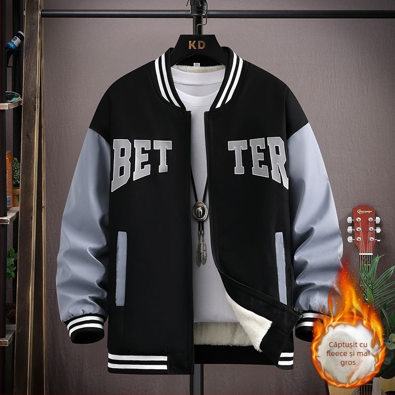 Geacă baseball corduroy cu glugă pentru adolescenți - căptușeală din blană de iepure, primăvară 2025, stil coreean