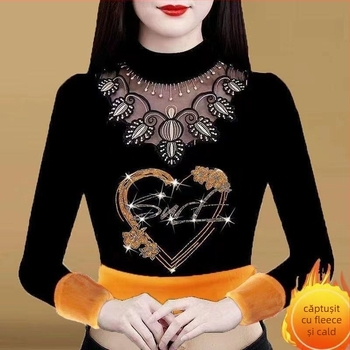 Tricou damă cu mânecă lungă, croială lejeră (Poliester; mâneci lungi; croială lejeră; lungime obișnuită; guler mock neck)