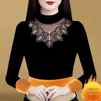 Tricou damă cu mânecă lungă, croială lejeră (Poliester; mâneci lungi; croială lejeră; lungime obișnuită; guler mock neck)