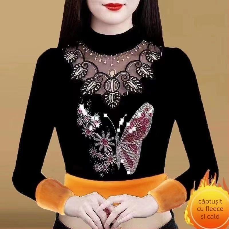 Tricou damă cu mânecă lungă, croială lejeră (Poliester; mâneci lungi; croială lejeră; lungime obișnuită; guler mock neck)