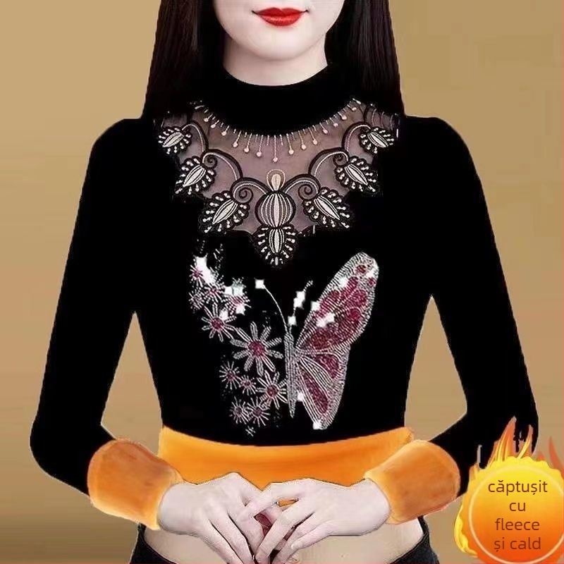 Tricou damă cu mânecă lungă, croială lejeră (Poliester; mâneci lungi; croială lejeră; lungime obișnuită; guler mock neck)