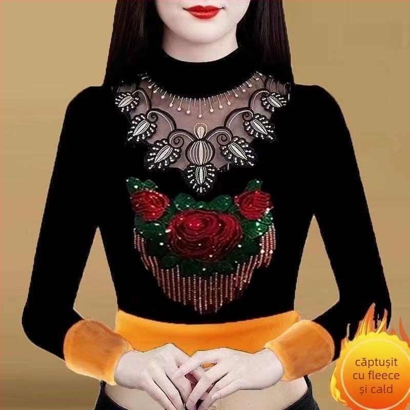 Tricou damă cu mânecă lungă, croială lejeră (Poliester; mâneci lungi; croială lejeră; lungime obișnuită; guler mock neck)