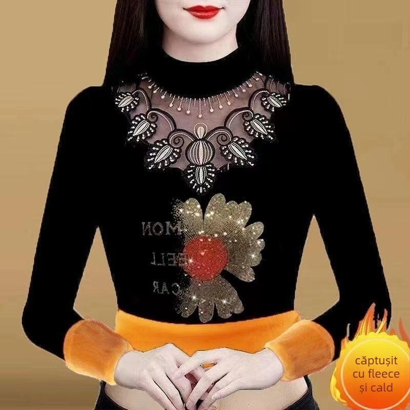 Tricou damă cu mânecă lungă, croială lejeră (Poliester; mâneci lungi; croială lejeră; lungime obișnuită; guler mock neck)