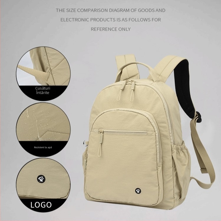 Rucsac feminin din nylon, ușor și versatil; include buzunar laminat cu fermoar, deschidere cu șnur, buzunar exterior deschis, spațiu intern