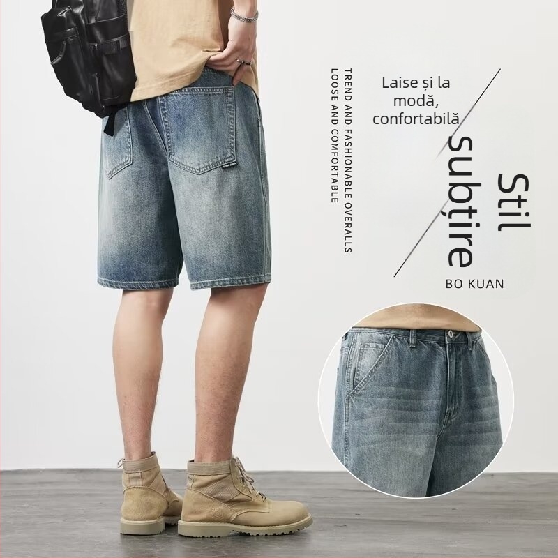 Șort din denim, talie medie, croială dreaptă, buzunare multiple, finisaj spălat