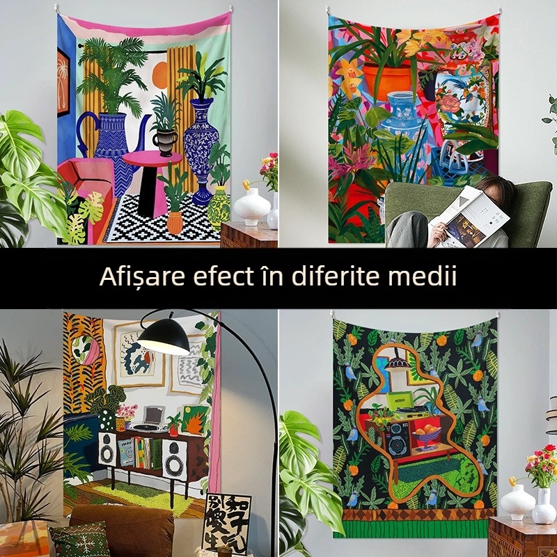 Tapiserie din in, stil modern minimalist, imprimare digitală prin transfer termic, dreptunghiulară, personalizabilă pentru living și dormitor