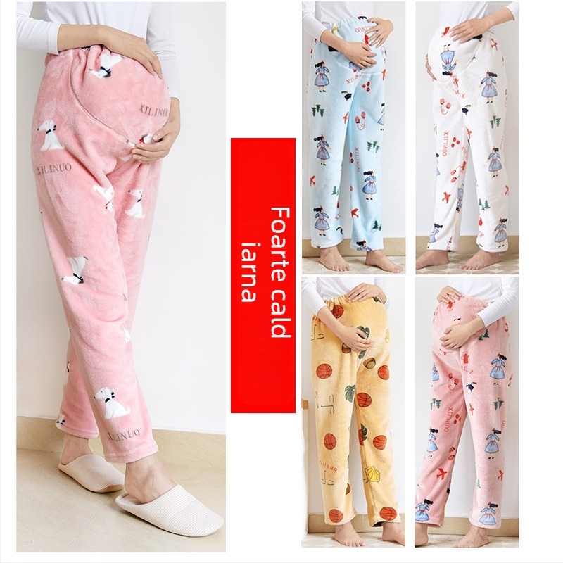 Pantaloni de pijama de maternitate din flanel – groși, croială lejeră, susținere abdominală, flanel 100% poliester