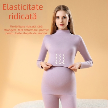 Set de pijamale termice pentru sarcină, cu interior brushed, fără cusături pentru alăptare, mâneci lungi, poliester gros, toamnă–iarna