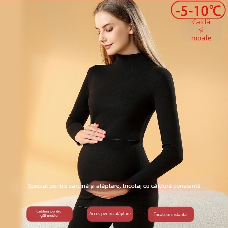 Set de pijamale termice pentru sarcină, cu interior brushed, fără cusături pentru alăptare, mâneci lungi, poliester gros, toamnă–iarna