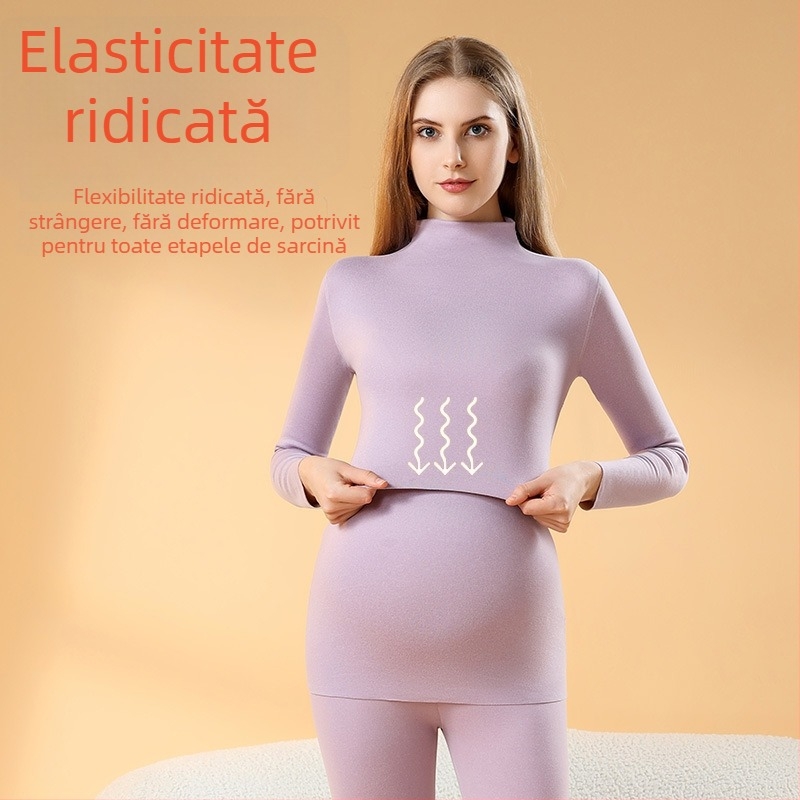 Set de pijamale termice pentru sarcină, cu interior brushed, fără cusături pentru alăptare, mâneci lungi, poliester gros, toamnă–iarna