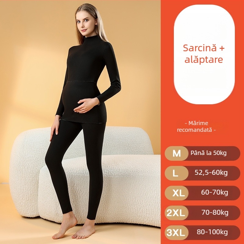 Set de pijamale termice pentru sarcină, cu interior brushed, fără cusături pentru alăptare, mâneci lungi, poliester gros, toamnă–iarna