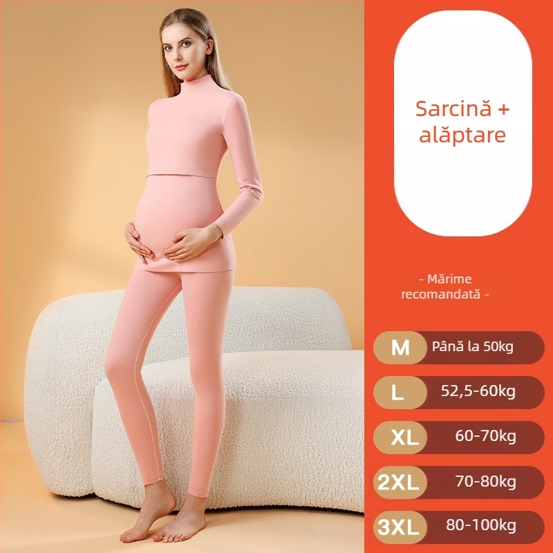 Set de pijamale termice pentru sarcină, cu interior brushed, fără cusături pentru alăptare, mâneci lungi, poliester gros, toamnă–iarna
