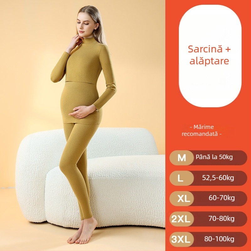 Set de pijamale termice pentru sarcină, cu interior brushed, fără cusături pentru alăptare, mâneci lungi, poliester gros, toamnă–iarna