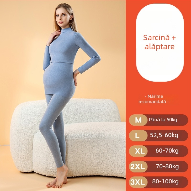 Set de pijamale termice pentru sarcină, cu interior brushed, fără cusături pentru alăptare, mâneci lungi, poliester gros, toamnă–iarna