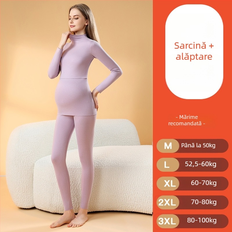 Set de pijamale termice pentru sarcină, cu interior brushed, fără cusături pentru alăptare, mâneci lungi, poliester gros, toamnă–iarna