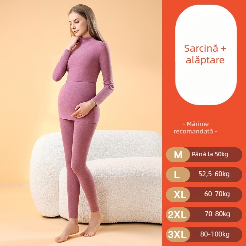 Set de pijamale termice pentru sarcină, cu interior brushed, fără cusături pentru alăptare, mâneci lungi, poliester gros, toamnă–iarna