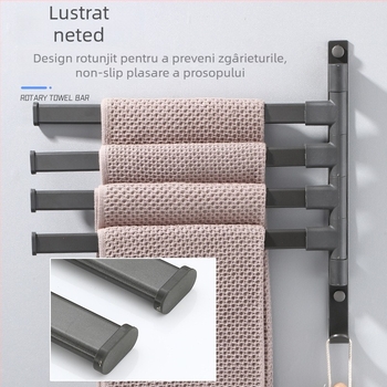 Suport de prosoape pe perete, cu 3 etaje, fără găuri, din aliaj de aluminiu, finisaj bake-painted, rotativ (susține până la 10 kg)