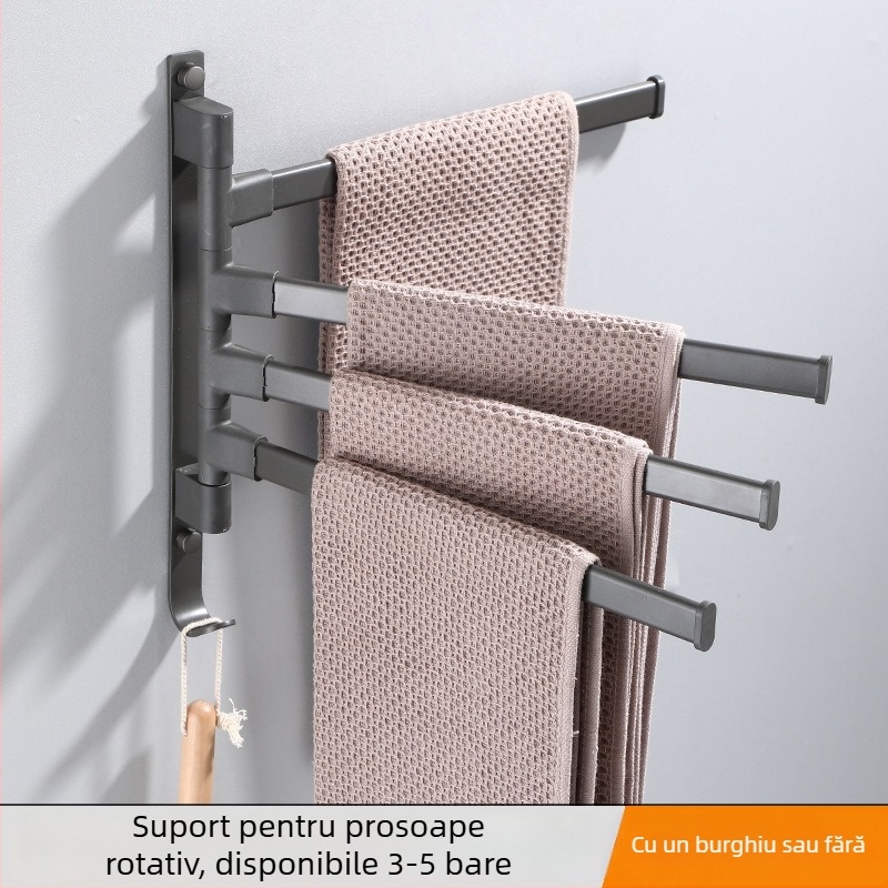 Suport de prosoape pe perete, cu 3 etaje, fără găuri, din aliaj de aluminiu, finisaj bake-painted, rotativ (susține până la 10 kg)