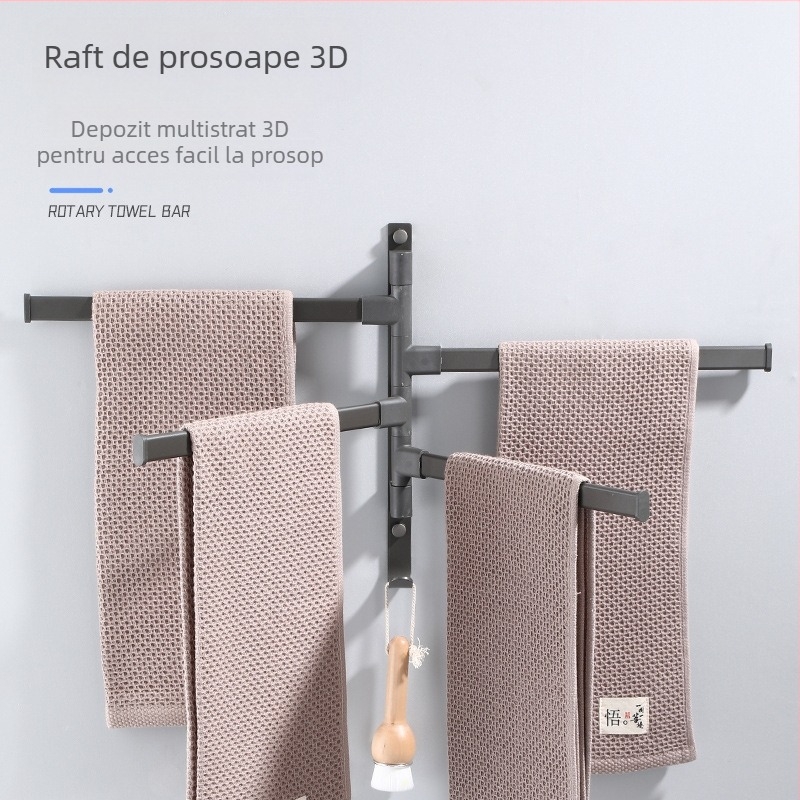Suport de prosoape pe perete, cu 3 etaje, fără găuri, din aliaj de aluminiu, finisaj bake-painted, rotativ (susține până la 10 kg)
