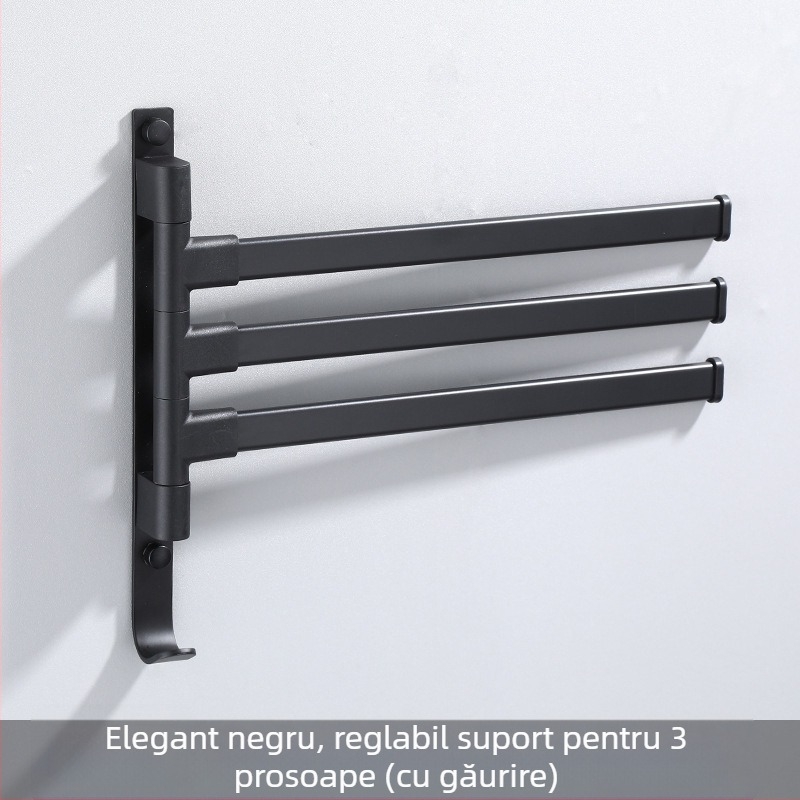 Suport de prosoape pe perete, cu 3 etaje, fără găuri, din aliaj de aluminiu, finisaj bake-painted, rotativ (susține până la 10 kg)