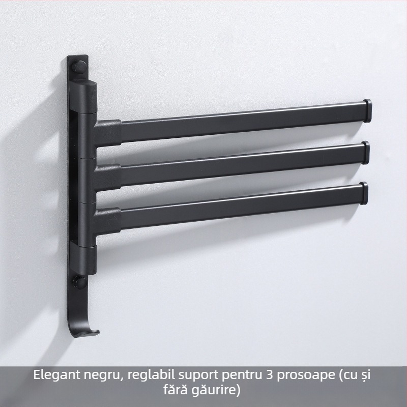 Suport de prosoape pe perete, cu 3 etaje, fără găuri, din aliaj de aluminiu, finisaj bake-painted, rotativ (susține până la 10 kg)