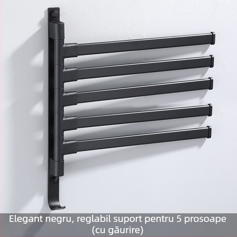 Suport de prosoape pe perete, cu 3 etaje, fără găuri, din aliaj de aluminiu, finisaj bake-painted, rotativ (susține până la 10 kg)