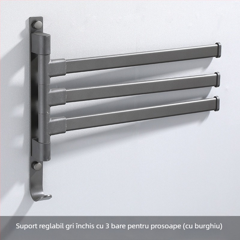 Suport de prosoape pe perete, cu 3 etaje, fără găuri, din aliaj de aluminiu, finisaj bake-painted, rotativ (susține până la 10 kg)