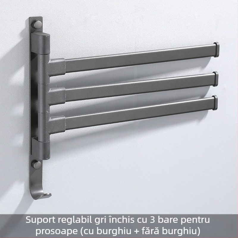 Suport de prosoape pe perete, cu 3 etaje, fără găuri, din aliaj de aluminiu, finisaj bake-painted, rotativ (susține până la 10 kg)