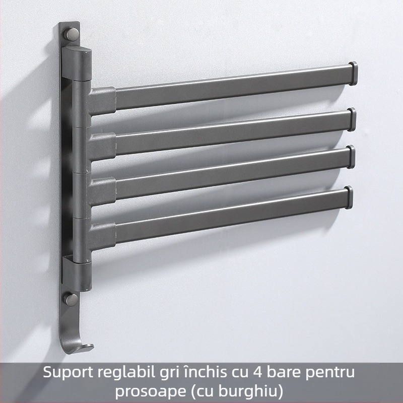 Suport de prosoape pe perete, cu 3 etaje, fără găuri, din aliaj de aluminiu, finisaj bake-painted, rotativ (susține până la 10 kg)