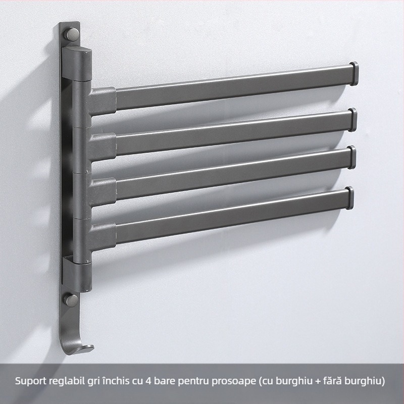 Suport de prosoape pe perete, cu 3 etaje, fără găuri, din aliaj de aluminiu, finisaj bake-painted, rotativ (susține până la 10 kg)