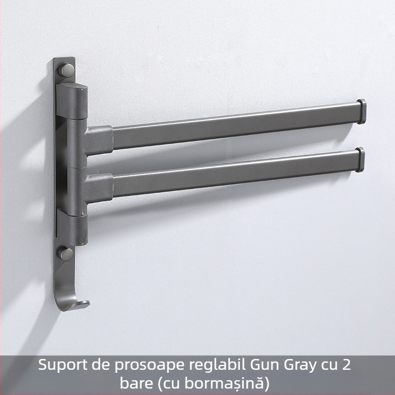 Suport de prosoape pe perete, cu 3 etaje, fără găuri, din aliaj de aluminiu, finisaj bake-painted, rotativ (susține până la 10 kg)