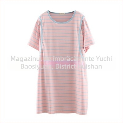 Rochie de maternitate pentru alăptat, din bumbac dungat, guler rotund, mâneci 3/4, croială A-line, lungime midi, croială lejeră