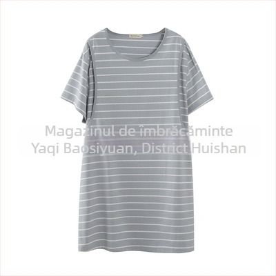 Rochie de maternitate pentru alăptat, din bumbac dungat, guler rotund, mâneci 3/4, croială A-line, lungime midi, croială lejeră