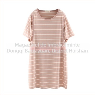 Rochie de maternitate pentru alăptat, din bumbac dungat, guler rotund, mâneci 3/4, croială A-line, lungime midi, croială lejeră