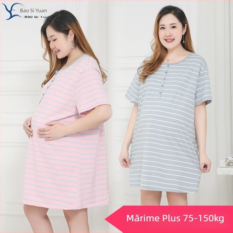 Rochie de maternitate pentru alăptat, din bumbac dungat, guler rotund, mâneci 3/4, croială A-line, lungime midi, croială lejeră