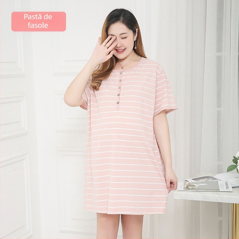 Rochie de maternitate pentru alăptat, din bumbac dungat, guler rotund, mâneci 3/4, croială A-line, lungime midi, croială lejeră