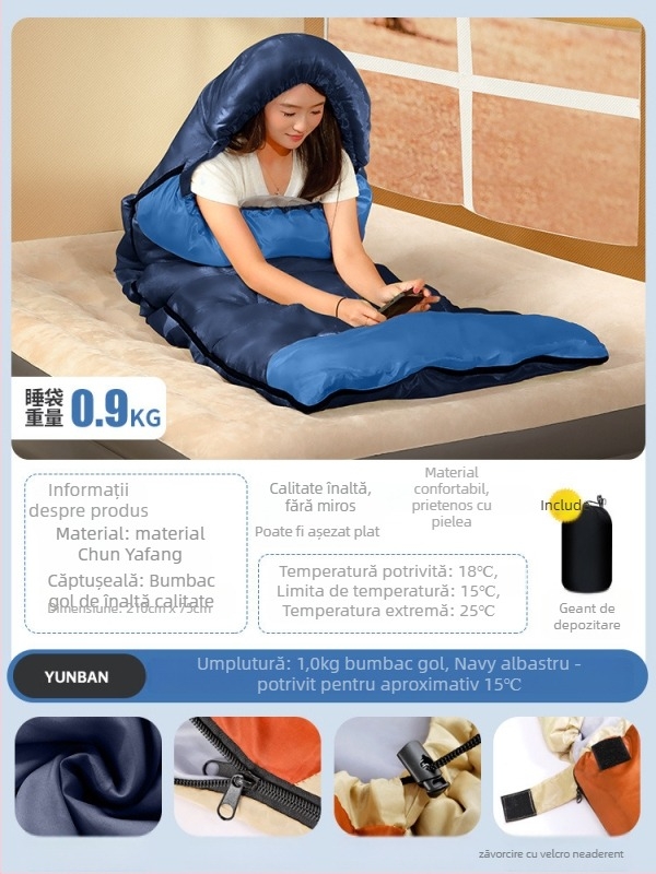 Sac de dormit pentru adulți, umplutură Space cotton, căptușeală poliester-pânză de bumbac, țesătură din bumbac, construcție tip plic