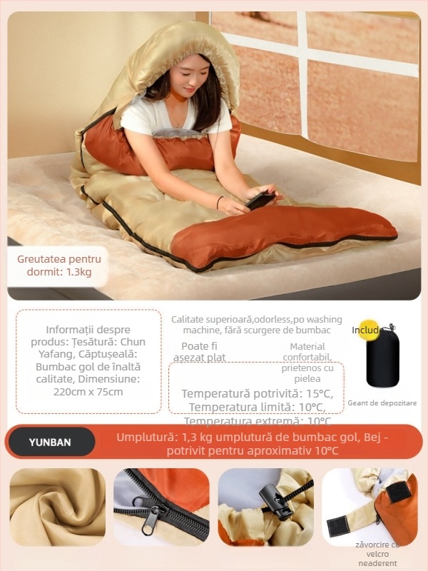 Sac de dormit pentru adulți, umplutură Space cotton, căptușeală poliester-pânză de bumbac, țesătură din bumbac, construcție tip plic