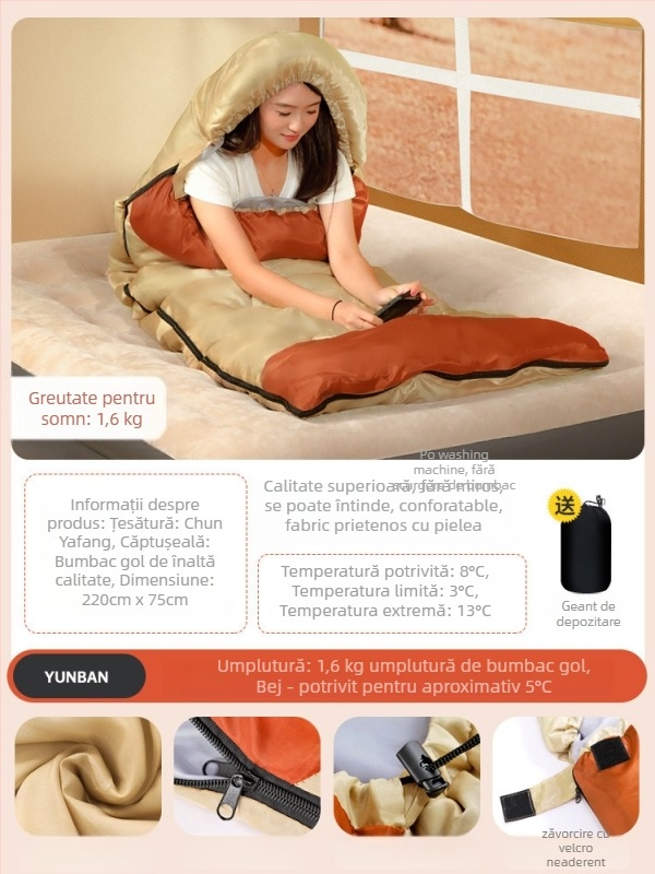 Sac de dormit pentru adulți, umplutură Space cotton, căptușeală poliester-pânză de bumbac, țesătură din bumbac, construcție tip plic