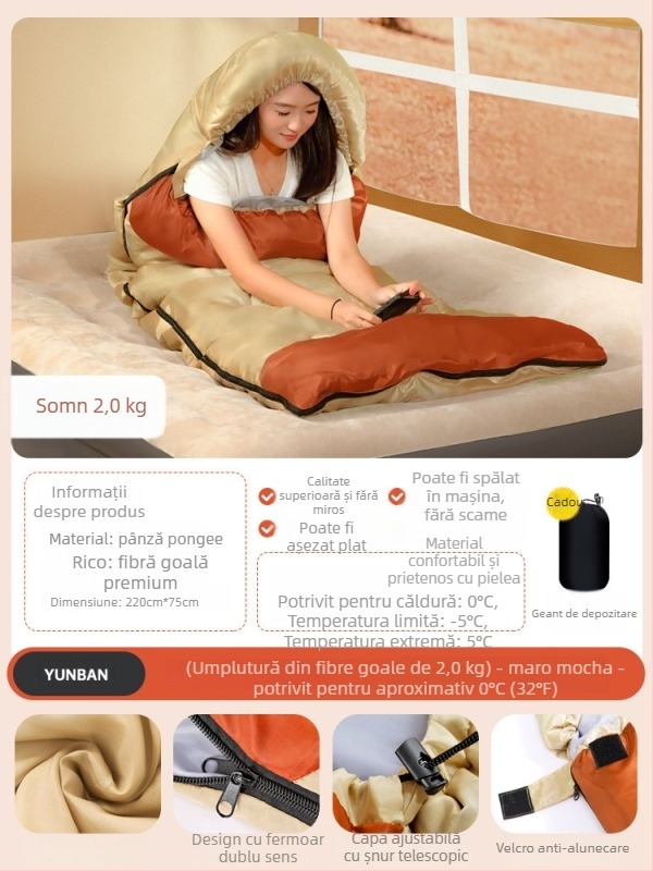 Sac de dormit pentru adulți, umplutură Space cotton, căptușeală poliester-pânză de bumbac, țesătură din bumbac, construcție tip plic