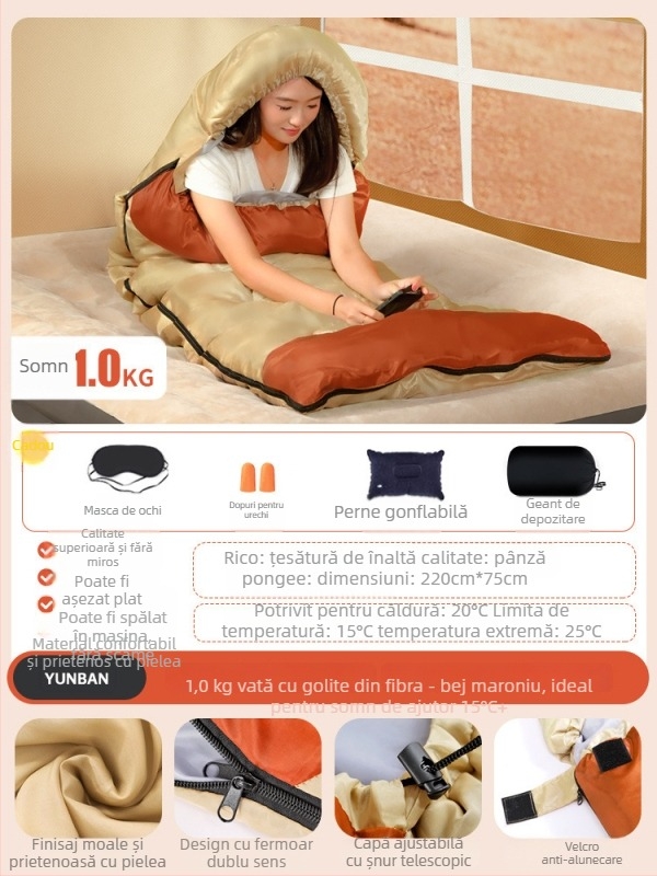 Sac de dormit pentru adulți, umplutură Space cotton, căptușeală poliester-pânză de bumbac, țesătură din bumbac, construcție tip plic