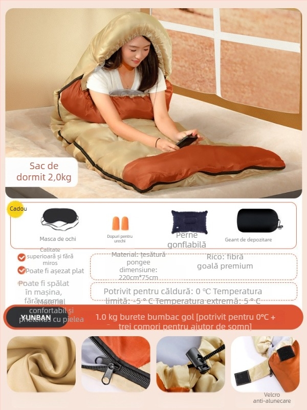 Sac de dormit pentru adulți, umplutură Space cotton, căptușeală poliester-pânză de bumbac, țesătură din bumbac, construcție tip plic